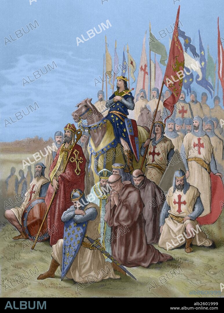 PAUL GUSTAVE DORÉ. LUIS IX o SAN LUIS (Poissy, 1214-Túnez, 1270). Murió a causa de la peste el 25 de agosto de 1270 en su segunda cruzada. HISTORIA DE LAS CRUZADAS. VII CRUZADA. CONQUISTA DE DAMIETA (7 de junio de 1249). El rey de Francia Luís IX o San Luís (1226-1270) conquistó la ciudad y, en 1250 la devolvió a los musulmanes. Grabado coloreado de "La Revolución Religiosa" (1880) .