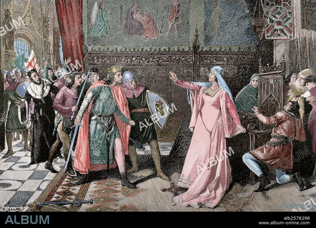 Maria Alfonso Tellez de Menezes (1265-1321), know as Maria de Molina. Wife of Sancho IV of Castille. Regent for her son Ferdinand IV and her grandson Alfonso XI. Maria de Molina defending the infant Don Juan. Engraving. 19th century. Colored.