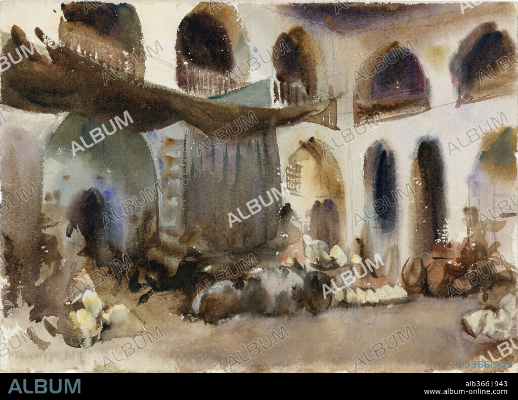 Market Place. Artist: John Singer Sargent (American, Florence 1856-1925 London). Dimensions: 10 x 13 9/16 in. (25.4 x 34.4 cm)
Mat: 16 × 22 in. (40.6 × 55.9 cm)
Framed (standard exhibition frame): 18 1/4 × 24 1/4 × 1 1/8 in. (46.4 × 61.6 × 2.9 cm). Date: 1890s.
This scene could represent a caravansary in Egypt, Greece, or Turkey (which Sargent visited in 1890-91) or a market in Spain or Tangier (which Sargent visited in 1895). The earthy palette, accented by blues and purples, and the fluid technique typify the artist's watercolor style in the 1890s. Broad washes suggest the shadowed interior spaces beneath the arcades, and indeterminate forms appear in the courtyard amid clusters of urns and containers. Sargent's cursory graphite underdrawing is clearly visible, especially in the architecture.