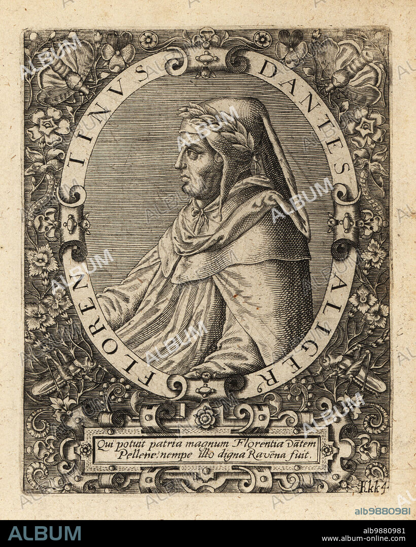 Durante di Alighiero degli Alighieri, pen name Dante Alighieri, Italian poet, c1265-1321. Dantes Aligerus Florentinus. Copperplate engraving by Johann Theodore de Bry from Jean-Jacques Boissards Bibliotheca Chalcographica, Johann Ammonius, Frankfurt, 1650.