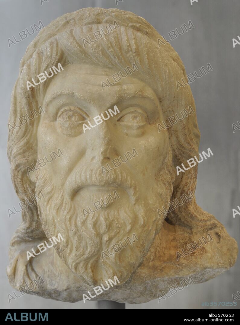 Retrato de un filósofo. El retrato probablemente representa al filósofo Plutarco (350-433 dC), fundador de la Escuela Neoplatónica de Atenas, que patrocinó la procesión de la Gran Panathenaia en tres ocasiones. Principios siglo V d. C. Museo de la Acrópolis (Acropolis Museum). Atenas. Grecia.