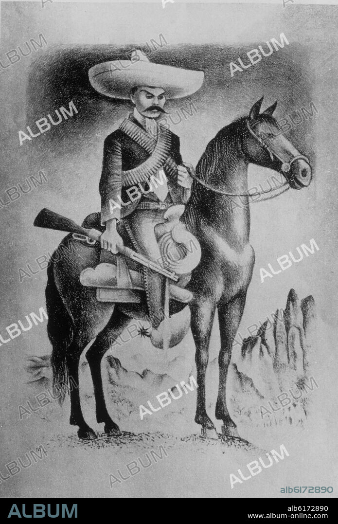 MIGUEL COVARRUBIAS. EMILIANO ZAPATA A CABALLO (1879-1919) - LIDER REVOLUCIONARIO DE MEXICO - GRABADO SIGLO XX.