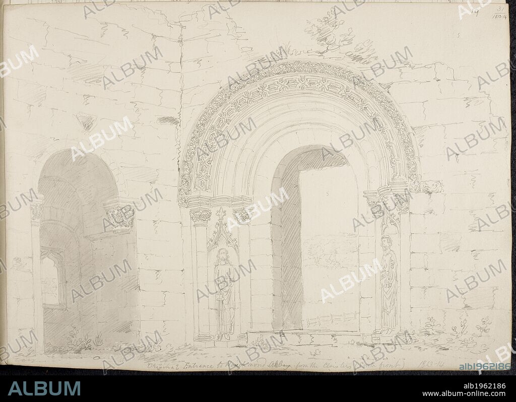 Illustration of British architecture. Churches and religious buildings. Archway and wall. Ruined building. . BUCKLER DRAWINGS. From BUCKLER DRAWINGS. Drawings of parish churches, monastic remains, houses, etc., in England and Wales; made at various times from 1787 to 1897, but mostly from about 1810 to 1850, and in some cases showing the same building before and after restoration or alteration. Source: Add. 36378 f.19. Language: English.