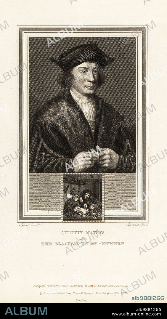 Portrait of Quentin Matsys, Flemish painter in the Netherlandish tradition, 14661530. Medallion shows The Tax Collectors. Quintin Matsys called the Blacksmith of Antwerp. Steel engraving by John Corner after a self portrait by Matsys from Portraits of Celebrated Painters with Medallions from their Best Performances, Longman Hurst, Rees, Orme & Brown, London, 1817.