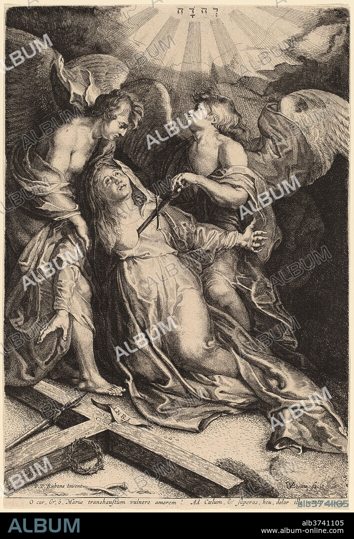 WILLEM VAN DER LEEUW AFTER SIR PETER PAUL RUBENS. Mater Dolorosa Kneeling, Supported by Two Angels. Medium: engraving.