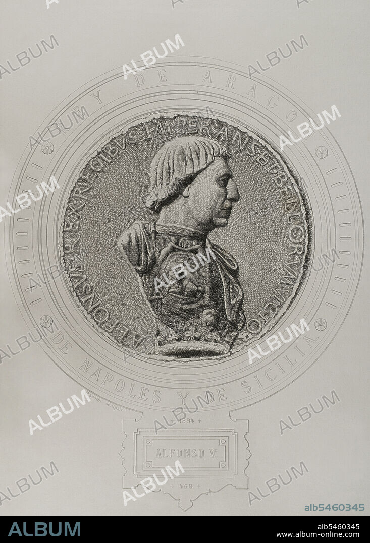 ANTOINE MASSON (1636-1700). FRENCH ARTIST.. Alfonso V el Magnánimo (1396-1458). IV como conde de Barcelona, III como rey de Valencia y I como rey de Mallorca y de Nápoles. Rey de la Corona de Aragón (1416-1458). Rey de de Nápoles (1442-1458). Retrato. Grabado por Masson. Litografiado por Magín Pujadas. Historia General de España, por Modesto Lafuente. Tomo II. Publicado en Barcelona, 1879.