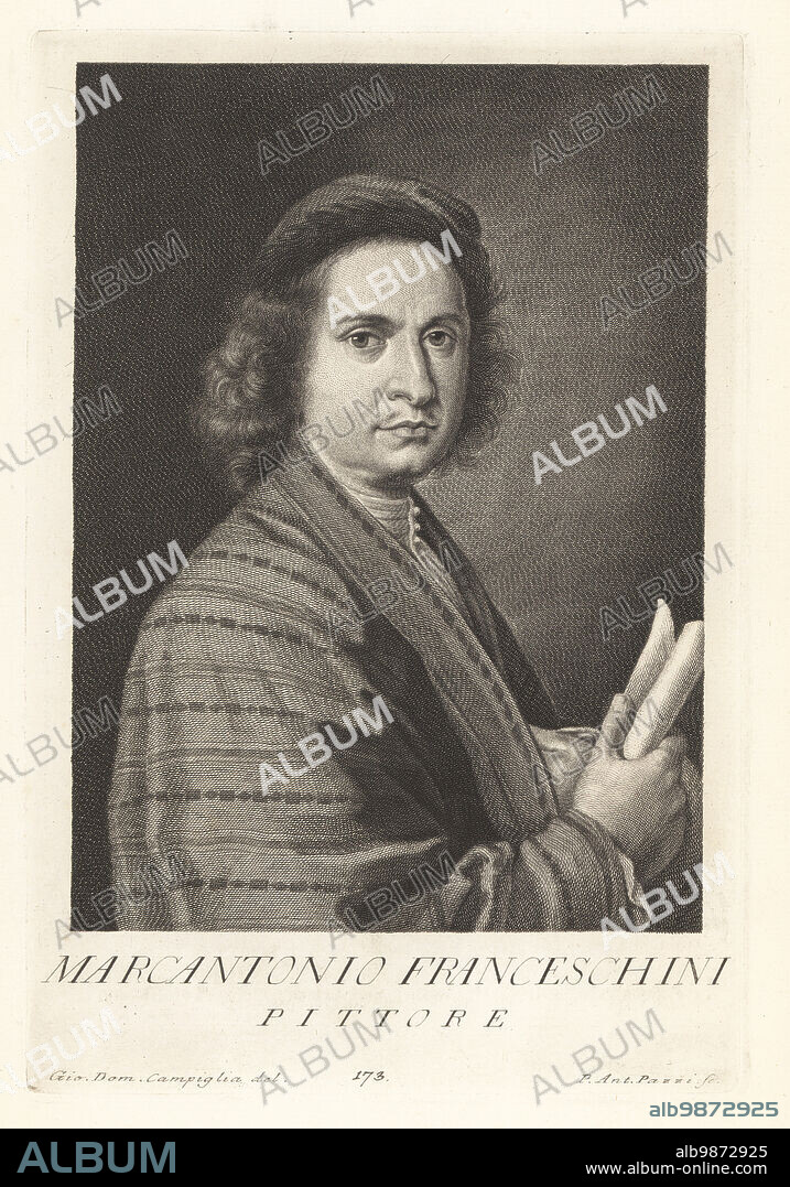 Marcantonio Franceschini, Italian painter of the Baroque period, active mostly in his native Bologna, 1648-1729. He was the father and teacher of Giacomo Franceschini. Pittore. Copperplate engraving by Pietro Antonio Pazzi after Giovanni Domenico Campiglia after a self portrait by the artist from Francesco Moucke's Museo Florentino (Museum Florentinum), Serie di Ritratti de Pittori (Series of Portraits of Painters) stamperia Mouckiana, Florence, 1752-62.