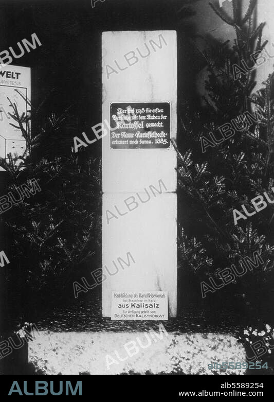 Berlin, Januar 1928, Grüne Woche. Nachbildung (Kalisalz) des sog. Kartoffeldenkmals bei Braunlage / Harz. Foto, 1928.