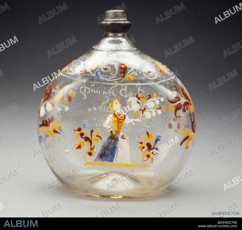 Bottle, 1750, 5 1/2 x 4 3/4 x 2 1/4in. (14 x 12.1 x 5.7cm), Glass, enamel design, metal top, Switzerland, 18th century.