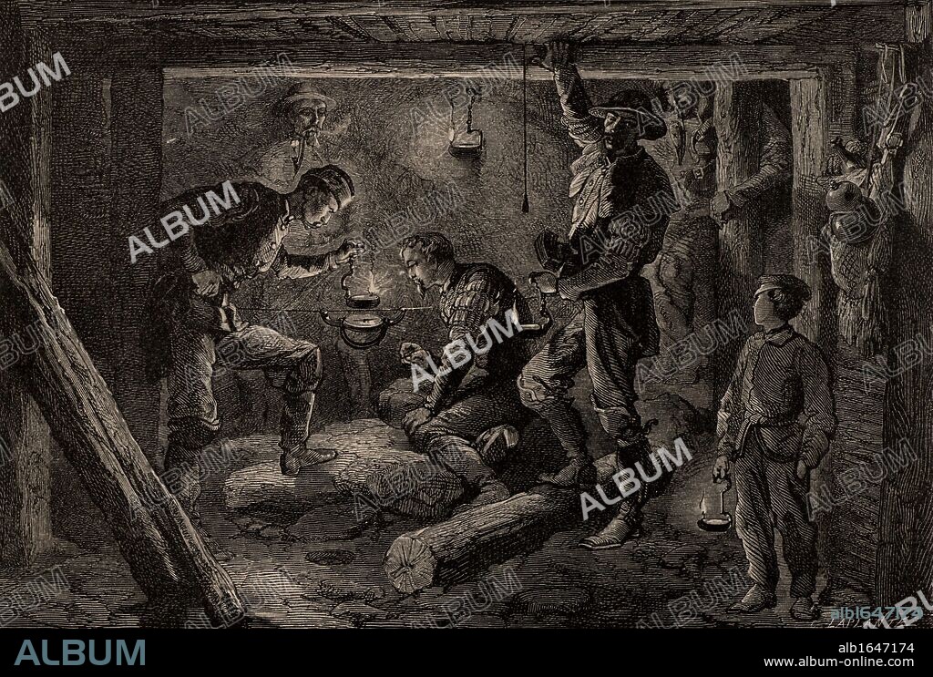 Using compass to dial plan of metalliferous mine. Using a compass to dial the plan of a metalliferous mine, Germany. From "Underground Life; or, Mines and Miners" by Louis Simonin (London, 1869). Wood engraving.     (Photo by: Universal History Archive/UIG via Getty Images).