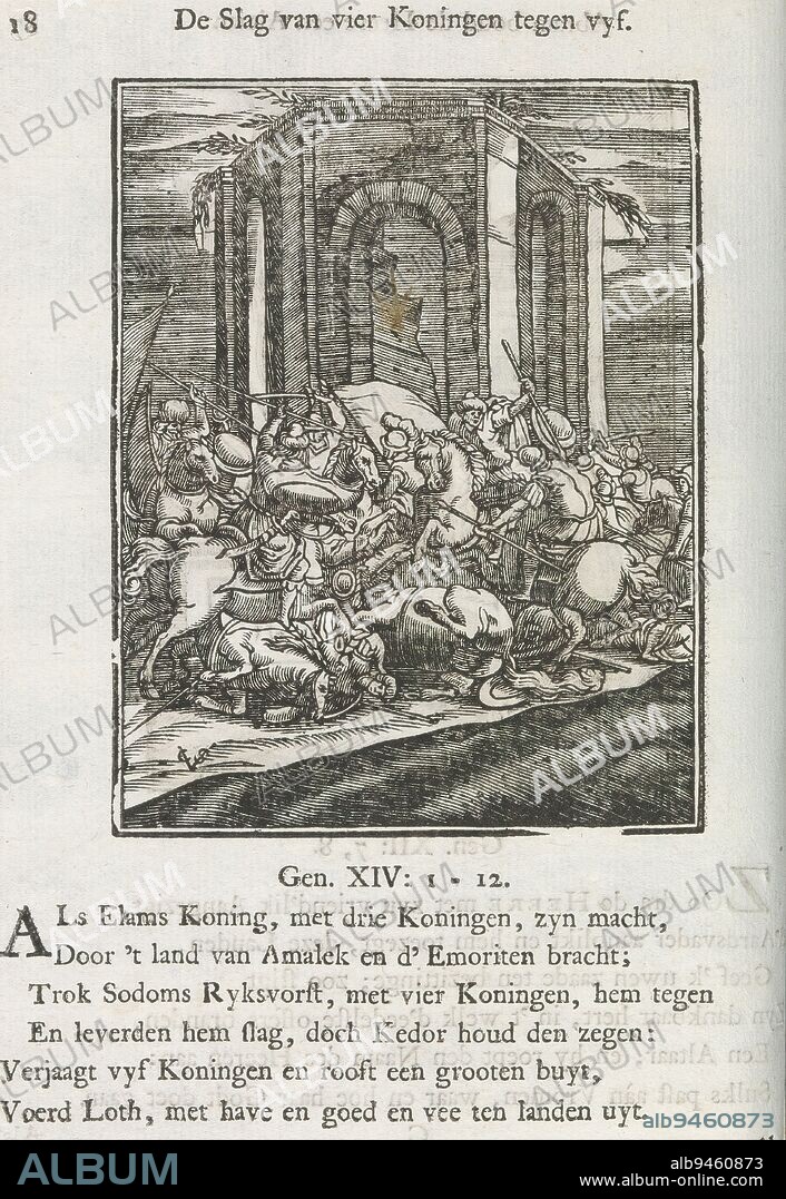 Fight between four against five kings, The battle of four kings against five (title on object), In the Siddim Valley, the kings of Elam, Goim, Sinear and Ellasar were fighting the kings of Sodom, Gomorrah, Adma, Seboim and Bela. In the background a ruin. Above the scene a title. Below, six verses and a reference to Genesis 14: 1-12. The print is part of an album., print maker: Christoffel van Sichem (II), (mentioned on object), print maker: Christoffel van Sichem (III), (mentioned on object), publisher: Jan Klooster, Amsterdam, c. 1645 - c. 1646 and/or 1740, paper, letterpress printing, height 109 mm × width 85 mm, height 171 mm × width 122 mm.