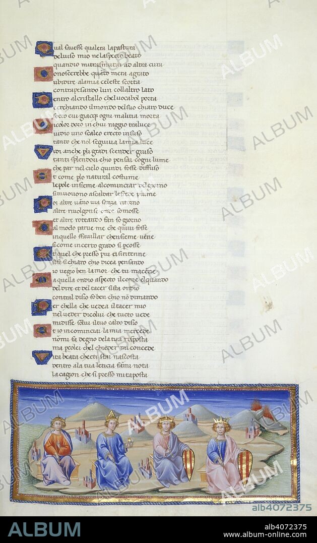 DANTE ALIGHIERI. Paradiso, Canto XXI. Heaven of Saturn. Four kings are seated on the island of Sicily and Naples. The wise rule of William II is praised and contrasted with that of his successors, Charles II and Frederick of Aragon. The fourth king is Robert Guiscard. Divine Comedy. Italy [Tuscany]; circa 1450. Source: Yates Thompson 36, f.166. Language: Italian.
