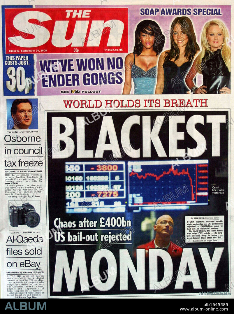 Front page of 'The Sun' newspaper 30th September 2008. Lead story is the collapse of stock market values following the Global Economic Crisis.