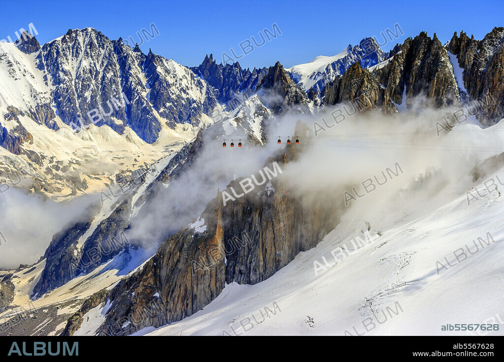 Panoramic Mont Blanc cable car crossing seen from the Glacier du Geant, France.