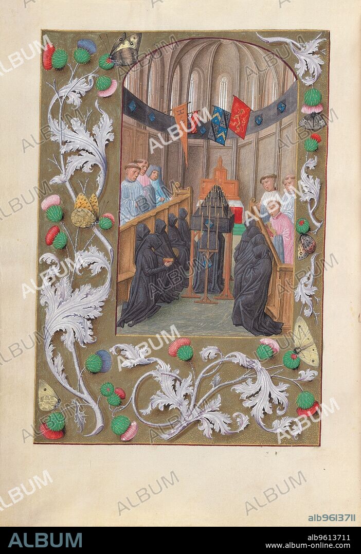 Hours of Queen Isabella the Catholic, Queen of Spain: Fol. 219v, Funeral Service, c. 1500. This manuscript was illuminated by a circle of at least five highly organized manuscript painters active in the Flemish cities of Ghent and Bruges. The principal illuminator was Alexander Bening, who painted the majority of the book's miniatures. Manuscripts produced by this circle of artists are renowned for the decoration of their borders, which typically feature a rich variety of realistically-painted flowers, birds, and butterflies. This prayer book, called a book of hours, was intended not for a cleric, but for the private devotions of a lay person-in this case, Isabella the Catholic, Queen of Spain (1451-1504). Isabella's coat of arms embellishes the book's frontispiece. It is unlikely that the book was commissioned by the Queen herself; rather, she probably received it as a diplomatic gift from someone courting her patronage, perhaps Cardinal Francisco Jimenez de Cisneros. A Franciscan friar, Jimenez was dependent upon Isabella for his advancement, first to the post of Queen's confessor in 1492, and then to Archbishop of Toledo in 1495.