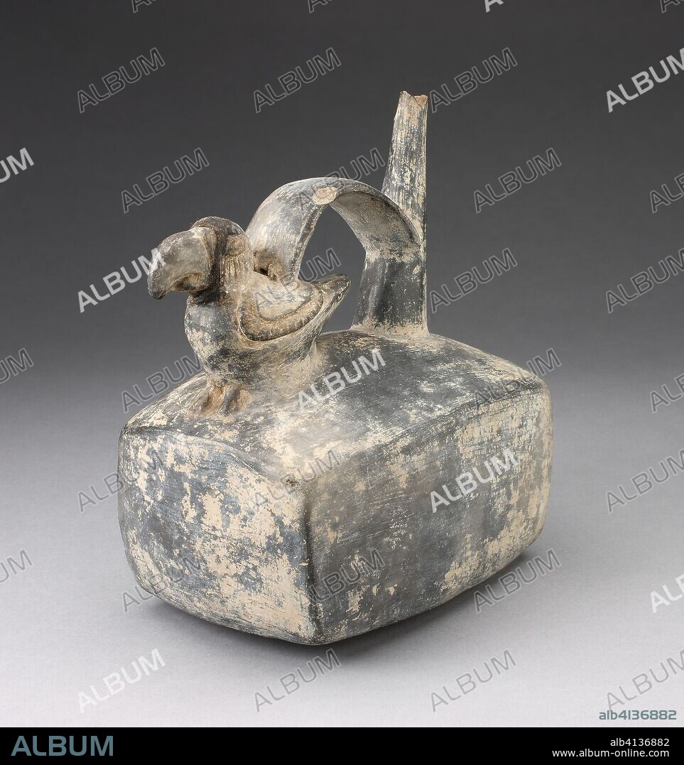 Square Spouted Vessel with Parrot Molded on Handle. Moche or Lambayeque; North coast, Peru. Date: 250 AD-550 AD. Dimensions: H. 19.5 cm (7 9/16 in.). Ceramic and pigment. Origin: North Coast.