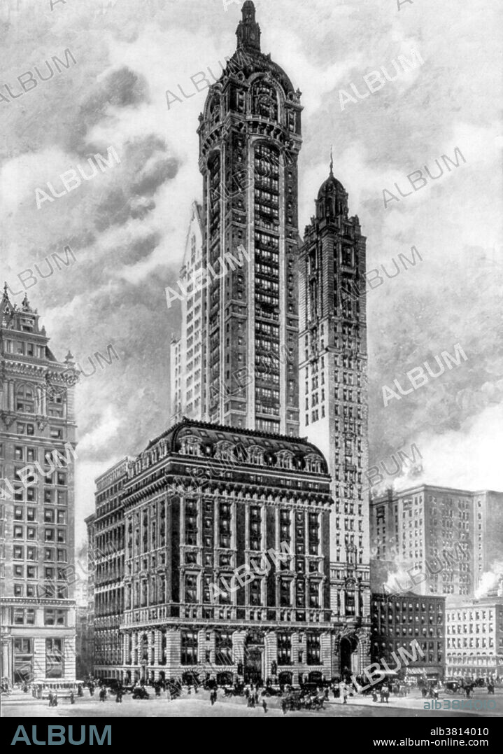 The Singer Building at Liberty Street and Broadway in Lower Manhattan's Financial District, was a 47-story office building completed in 1908 as the headquarters of the Singer Manufacturing Company. The building was commissioned by Frederick Bourne, who hired architect Ernest Flagg, an early exponent of the Beaux-Arts architectural style. The 12 story base of the building filled an entire block front, while the tower above was relatively narrow. The tower floors were squares only 65 feet on a side. It was demolished in 1968, together with the adjacent City Investing Building, and is now the site of 1 Liberty Plaza. When it was demolished, it was the tallest building ever to be demolished, and is still the third-tallest building ever to be destroyed (after the World Trade Center towers) and the tallest to be purposely demolished by its owner. Illustration appeared in "King's Views of New York", 1908.