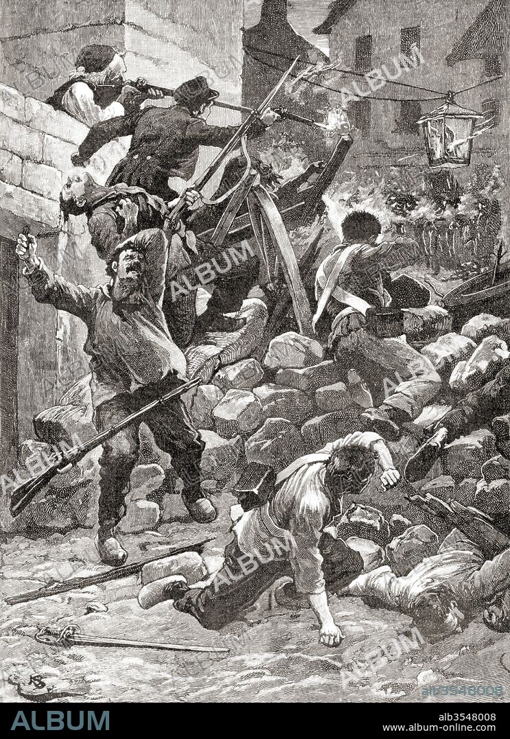 Fighting at the barricades in Paris, France during the 1848 Revolution in France, aka the February Revolution. From The Century Edition of Cassell's History of England, published c. 1900.