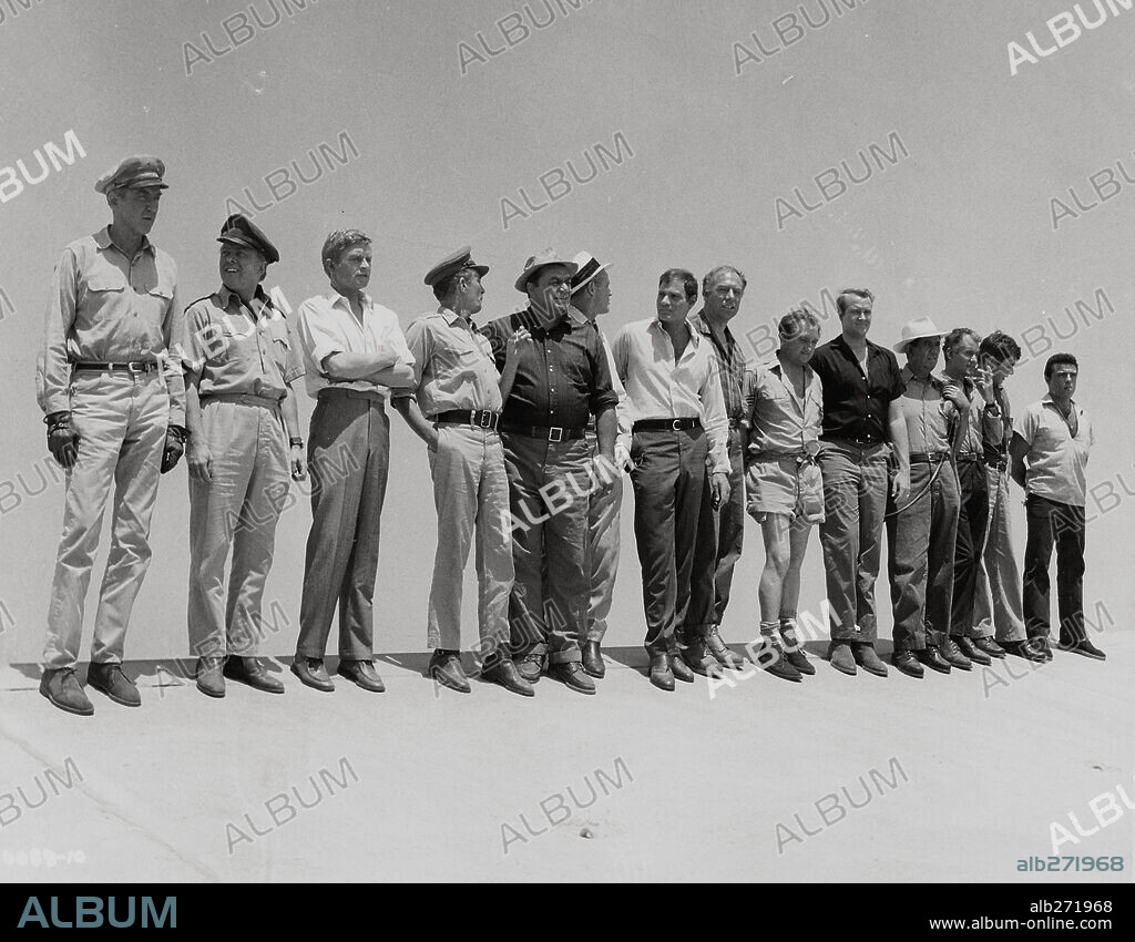 DAN DURYEA, ERNEST BORGNINE, HARDY KRUGER, JAMES STEWART and RICHARD ATTENBOROUGH in THE FLIGHT OF THE PHOENIX, 1965, directed by ROBERT ALDRICH. Copyright 20TH CENTURY FOX.