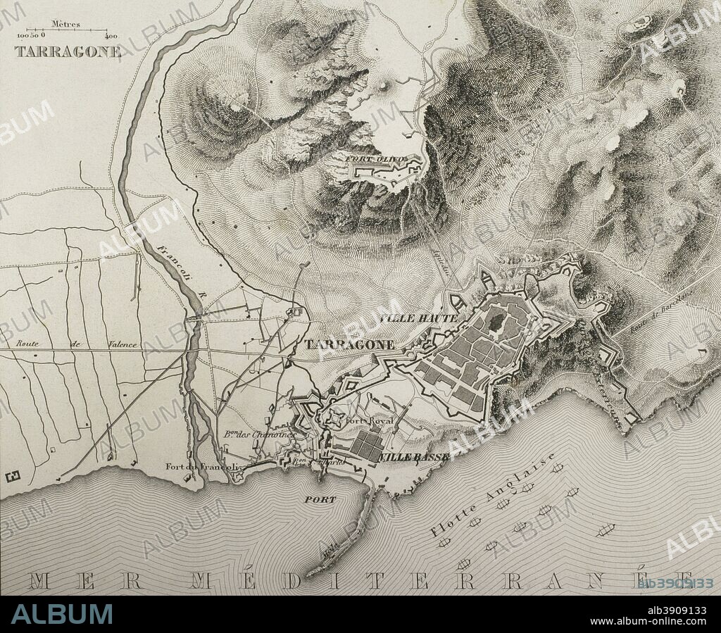 Plano de la ciudad de Tarragona (España). Sitiada del 5 de mayo al 29 de julio de 1811 por las tropas francesas dirigidas por el general Suchet. La ciudad fue asaltada y ocupada. Guerra de Independencia Española. Historia del Consulado y del Imperio de Napoleón (Atlas de l'Histoire du Consulat et de l'Empire). Obra de Marie Joseph Louis Adolphe Thiers (1797-1877). Dibujos realizados por Dufour y grabados por Dyonnet. Editado en París, 1864. Biblioteca Histórico Militar de Barcelona. Cataluña, España.
