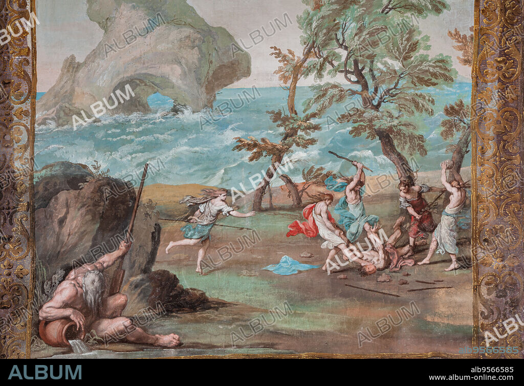 Sassuolo, Este Ducal Palace, Gallery of Bacchus: "The bacchantes kill Orpheus with stones and sticks for refusing to sing the praises of Bacchus". The painting depicts a marina dominated by a stack while in the foreground there is an allegorical figure of an old man (it depicts the Ebro, the river into which Orpheus' head will be thrown). It is one of the forty-one panels with scenes painted by Jean Boulanger which narrate the events of Bacchus. Wall tempera painting, 1650 - 52.