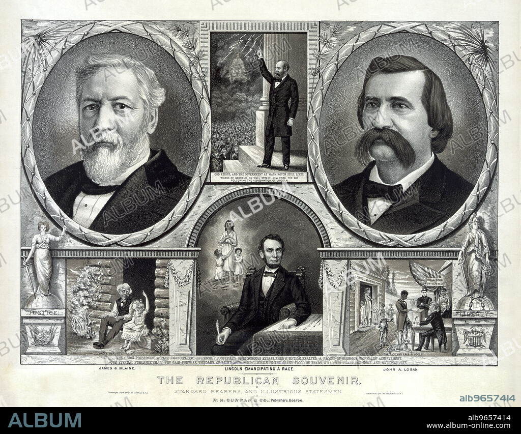 Campaign Banner for 1884 Presidential Election, Republican Ticket, Presidential and Vice-Presidential Candidates James G. Blaine and John A. Logan, "The Republican Souvenir, Standard Bearers and Illustrious Statesmen", Lithograph, R.H. Curran & Co. Publisher, 1884.