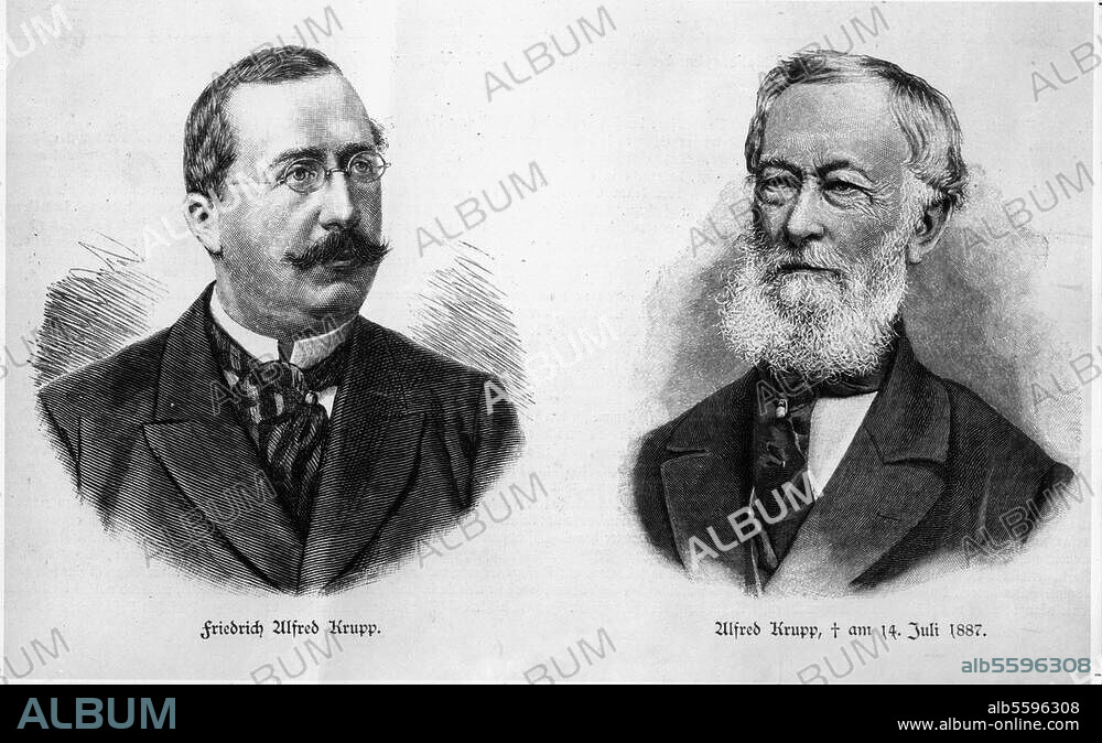 Krupp, Friedrich Alfred Industrieller Essen 17.2.1854 - ebd. 22.11.1902. und Krupp, Alfred Industrieller Essen 26.4.1812- ebd. 14.7.1887. Porträts. Holzstiche, 1890.