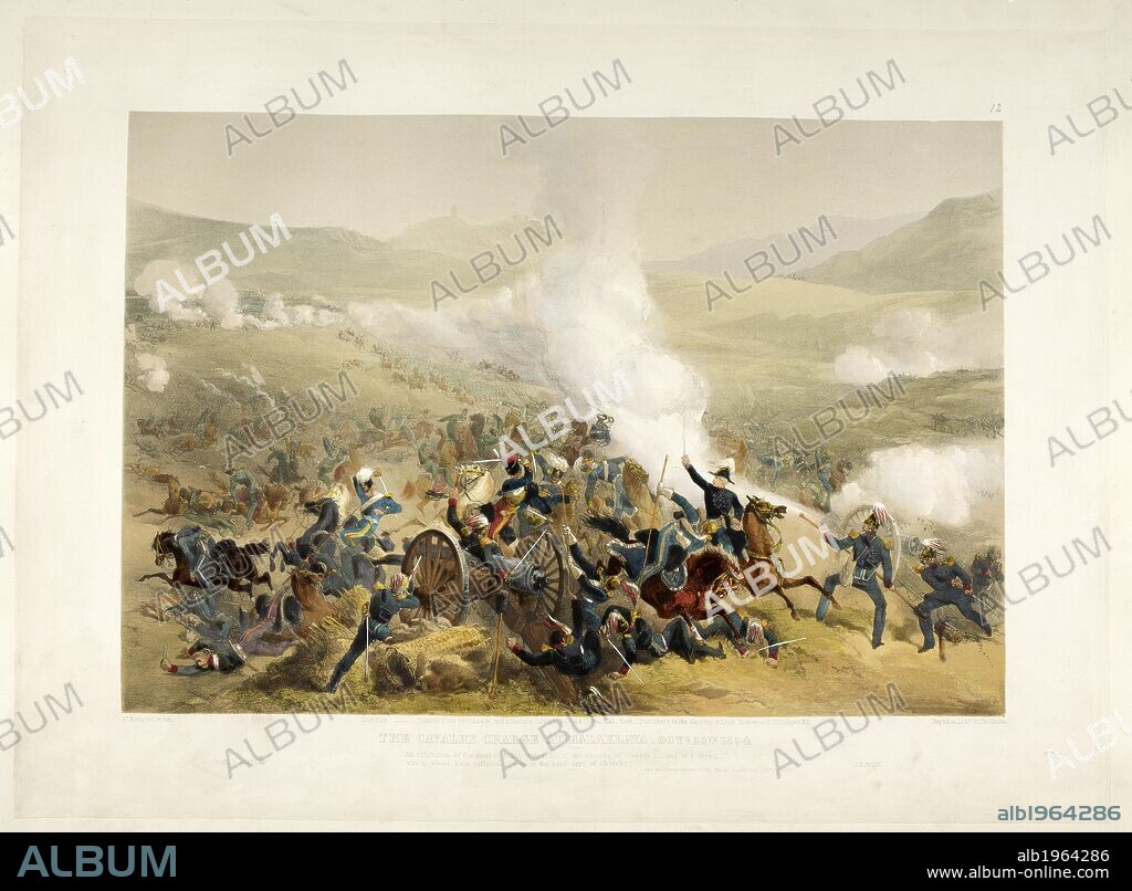 WILLIAM SIMPSON. The cavalry charge at Balaclava , October 25th, 1854. Chaotic battle scene, with light cavalry charging and fighting with swords over cannons in the foreground. Lettered "Goupil & Comple Paris" lower left. . A Series of 23 coloured lithographic views, representing the principal events during the Russian War, by W Simpson and others, from sketches by E T Dolby and other artists. London, 1854, 55. Crimean war. Source: 1899.b.3 plate 12.