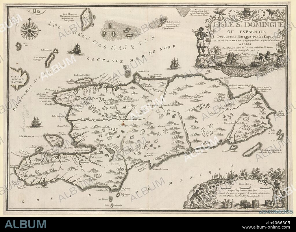 NICOLAS DE FER. A map of the Island of St. Domingo or Hispaniola, discovered in 1492. L'ISLE ST. DOMINGUE OU ESPAGNOLE : Decouverte l'an 1492. Par le Espagnols. Paris : Chez Danet Gendre de l'Auteur sur le Pont N. Dame a la Sphere Royale 1723, [1723.]. Source: Maps K.Top.123.34. Language: French.