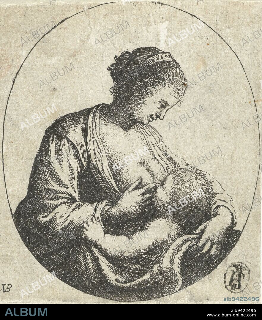 Mary breastfeeds the Christ child, William Basse, 1633 - 1672, print maker: Willem Basse, (mentioned on object), 1633 - 1672, paper, etching, h 68 mm × w 63 mm.
