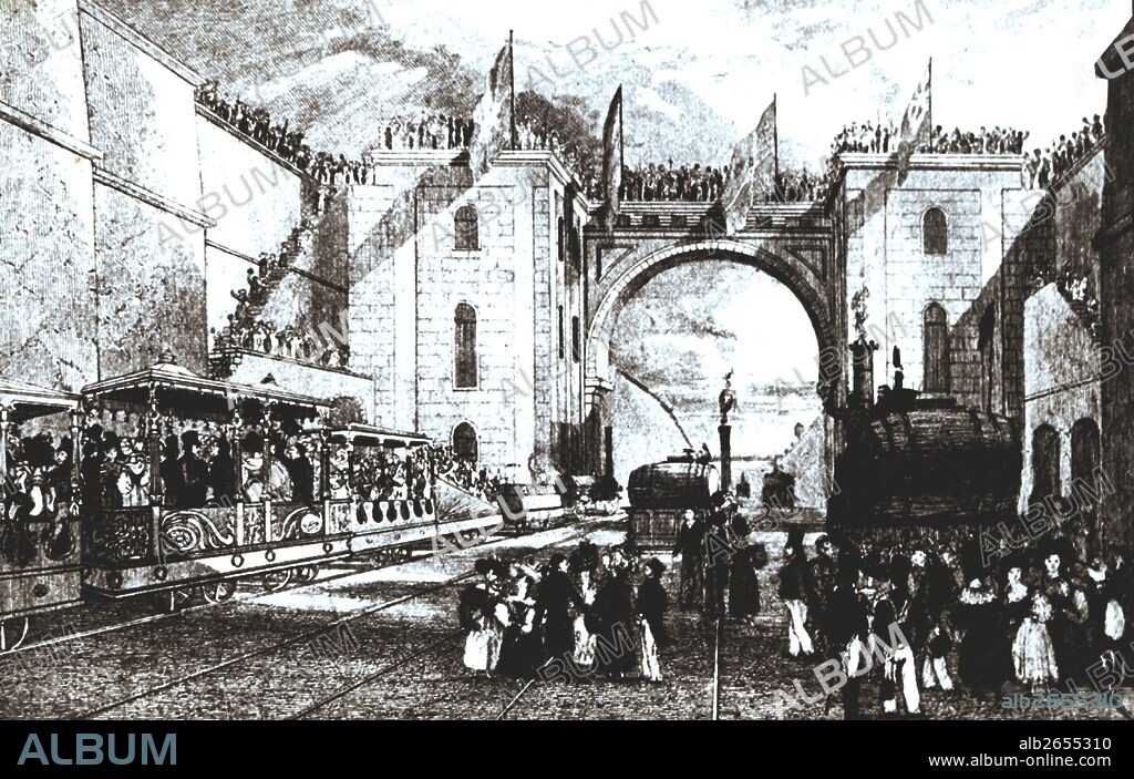 Inauguración de la linea de Liverpool a Manchester, 15 septiembre 1830, con una máquina Rocket, primera línea ferrea del mundo. Grabado de la época.