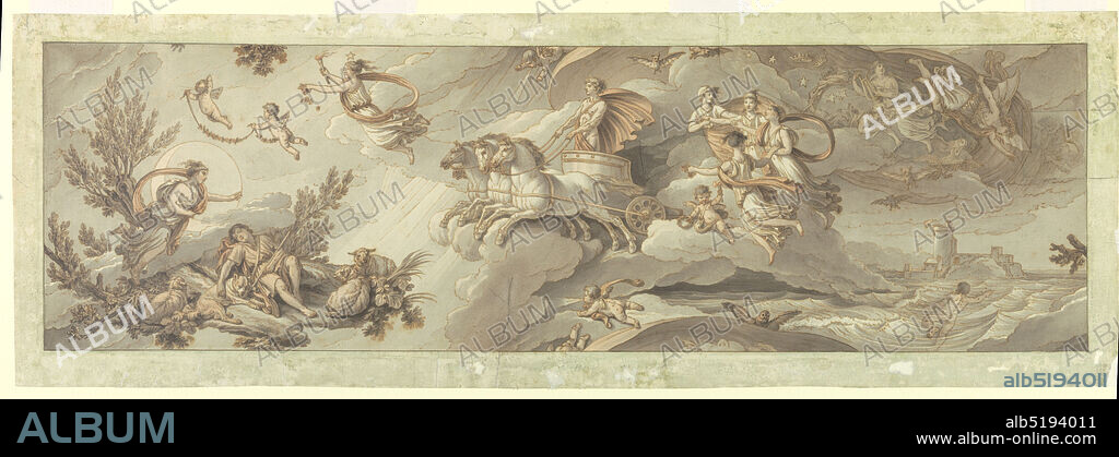 Apollo in his Chariot Transforms Night into Day, Jean-Baptiste Marie Huet, (French, 17451811), Oberkampf & Cie., (Jouy-en-Josas, France, 17591815), Pen and brown (bistre) ink, brush and gray wash, pale orange watercolor, black chalk [?] on cream laid paper, Apollo drives his chariot pulled by four horses across the sky. He is preceded by Dawn or Day holding torch and scattering flowers. Behind chariot are female attendants and three allegories of Night amidst stars, crowns, flying bats and owls. In lower left corner, Diana in front of a crescent moon, hovers above Endymion who sleeps on a small hill amongst trees with his dog and three sheep. In lower right corner, an ocean with castle in the distance. Flying putti, some of whom hold garlands, fill the spaces between major scenes. The textile repeat is indicated in Apollo's cloak which is partially visible in upper and lower center, and in tree which is partially visible at lower left and right edges., France, ca. 1800, textile designs, Drawing, Drawing.