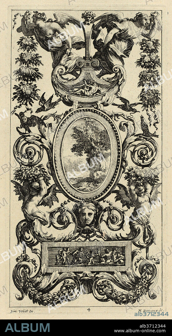 MICHEL DORIGNY, AFTER SIMON VOUET. Ornamental Panel with Pan and Two Garland-Bearing Women. Dated: 1647. Dimensions: sheet: 45 × 23.2 cm (17 11/16 × 9 1/8 in.)  plate: 24.4 × 12.6 cm (9 5/8 × 4 15/16 in.). Medium: etching with engraving on laid paper.