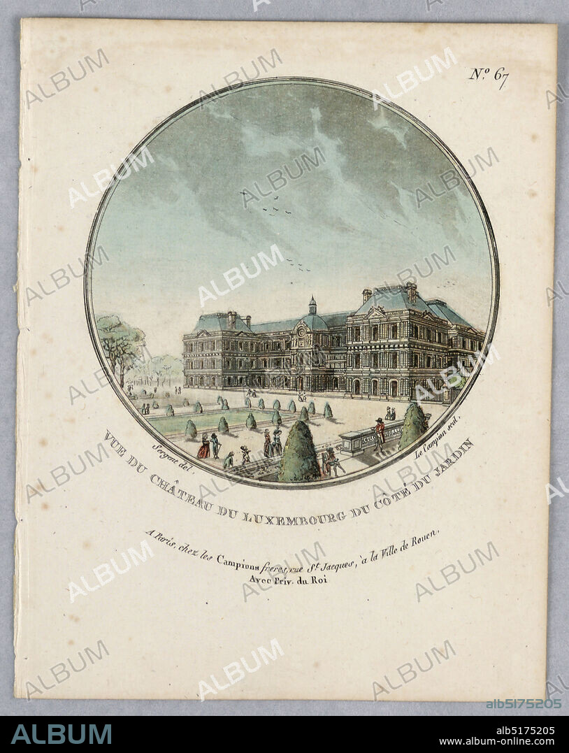 Chateau du Luxembourg, Plate 67 from 'Vues Pittoresques des Principaux Édifices de Paris', Les Campion Frères, Paris, France, J. A. Campion, French, active 1750 - 1800, Antoine-Louis-François Sergent-Marceau, French, 1751 - 1847, Engraving and brush and watercolors on paper, The front of the Chateau du Luxembourg with formal gardens and figures in front. Title, artists' and publisher's names below., Europe, Paris, France, 1792, Print, Print.