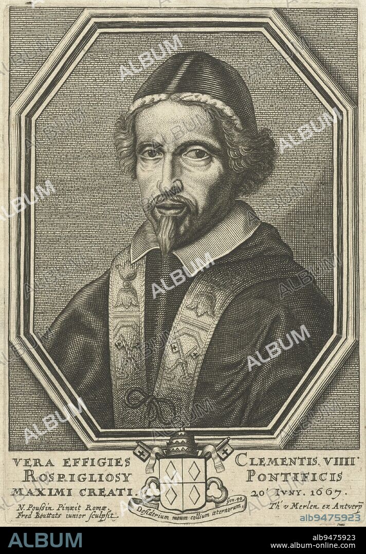 Portrait of Pope Clement IX Bust, slightly to left, in octagonal frame Clemens IX is wearing his papal robe and stole The print has a Latin caption and the coat of arms of the Vatican, Portrait of Pope Clement IX, print maker: Frederik Bouttats (de Jonge), (mentioned on object), after: Nicolas Poussin, publisher: Theodor van Merlen, (mentioned on object), print maker: Antwerp, after: Rome, (possibly), publisher: Antwerp, 1667, paper, engraving, w 113 mm × h 162 mm.