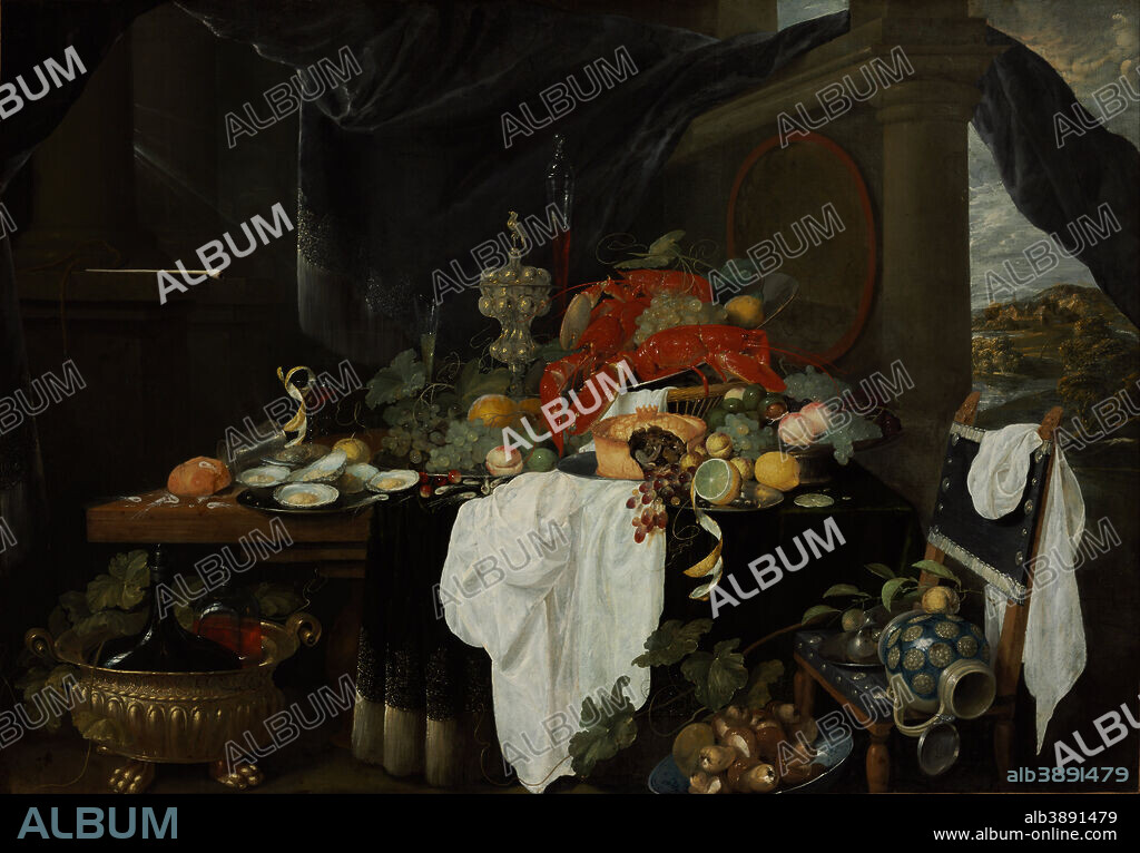 ANDRIES BENEDETTI. A Pronk Still Life with Fruit, Oyters, and Lobsters. Date/Period: 1620 - 1649. Painting. Oil on canvas Oil on canvas. Height: 1,680 mm (66.14 in); Width: 2,400 mm (94.48 in).