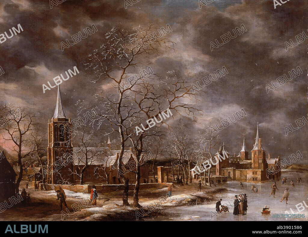 JAN ABRAHAMSZ BEERSTRAATEN. Warmond Castle in a Winter Landscape. Date/Period: Between 1661 and 1665. Painting. Oil on canvas. Height: 930 mm (36.61 in); Width: 1,280 mm (50.39 in).