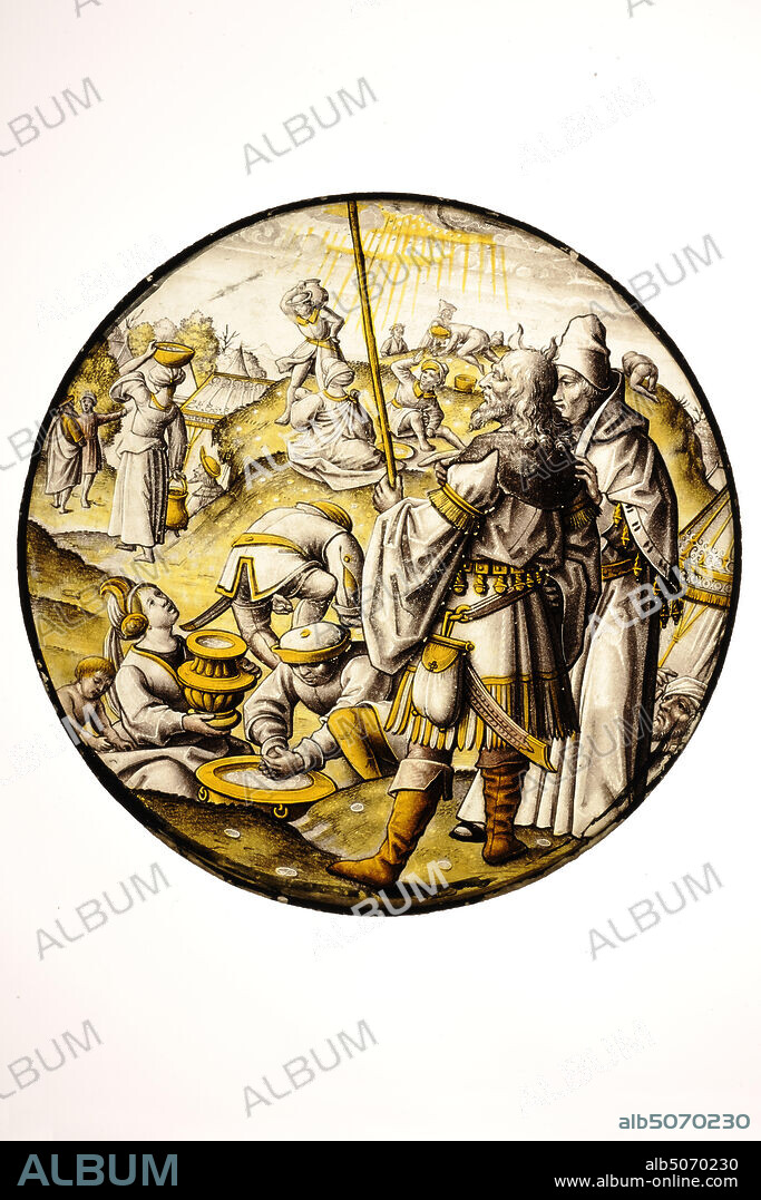 glass pane, c. 1510-1520, Diameter: 22.8cm 228mm, biblical representation, Round glass pane with a stained representation of the Manna rain from the biblical book Exodus. On the right, Moses, the man with the staff, travel bag and hair in the shape of horns, and Aaron watching the Israelites catch the manna from the air or pick it up from the ground with bowls and vessels. The heavenly rays indicate the presence of God. Image in grisaille and silver yellow, without frame, 1970.