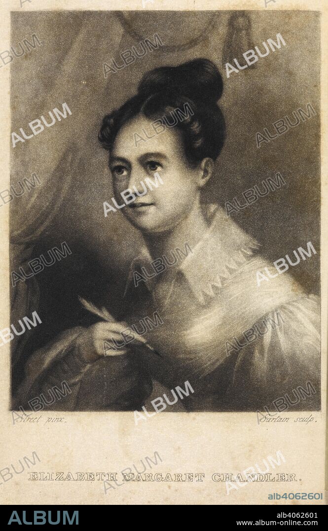 Elizabeth Margaret Chandler. Portrait. Prominent American poet and writer on the subject of the abolition of slavery. The Poetical Works of Elizabeth Margaret Chandler: with a memoir of her life and character, by Benjamin Lundy. Lemuel Howell: Philadelphia, 1836. Source: 1508/185.(1).