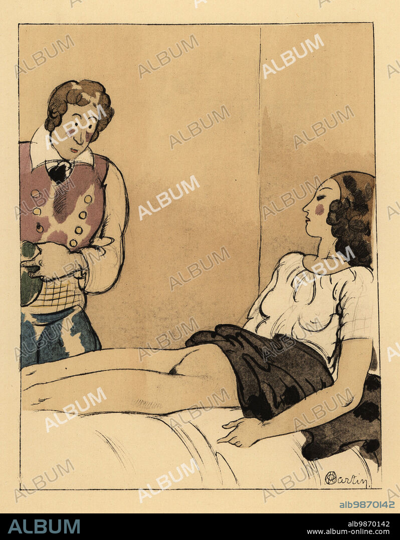 A half-naked nun is treated by a young man on a bed in a convent. The sick abbess. Labbesse. Lithograph handcoloured in pochoir (stencil) after an illustration by Charles Martin from Jean de la Fontaines Contes et Nouvelles en Vers, Tales and Novellas in Verse, Libraire de France, Paris, 1930.
