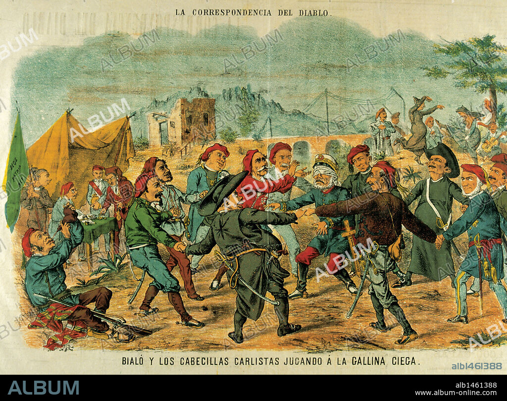 "BIALO Y LOS CABECILLAS CARLISTAS JUGANDO A LA GALLINA CIEGA". Reinado de Isabel II de Borbón (1830-1904). Caricatura de la revista satírica "La Flaca". S. XIX. Barcelona. Cataluña.