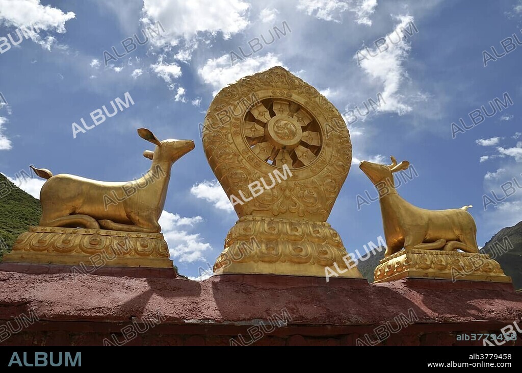 Tibetan Buddhism, Dharma wheel with two golden antelopes, Terdrom Nunnery, Terdrom, Tidro Gompa, Himalayas, Lhundrup district, central Tibet, Tibet, China, Asia