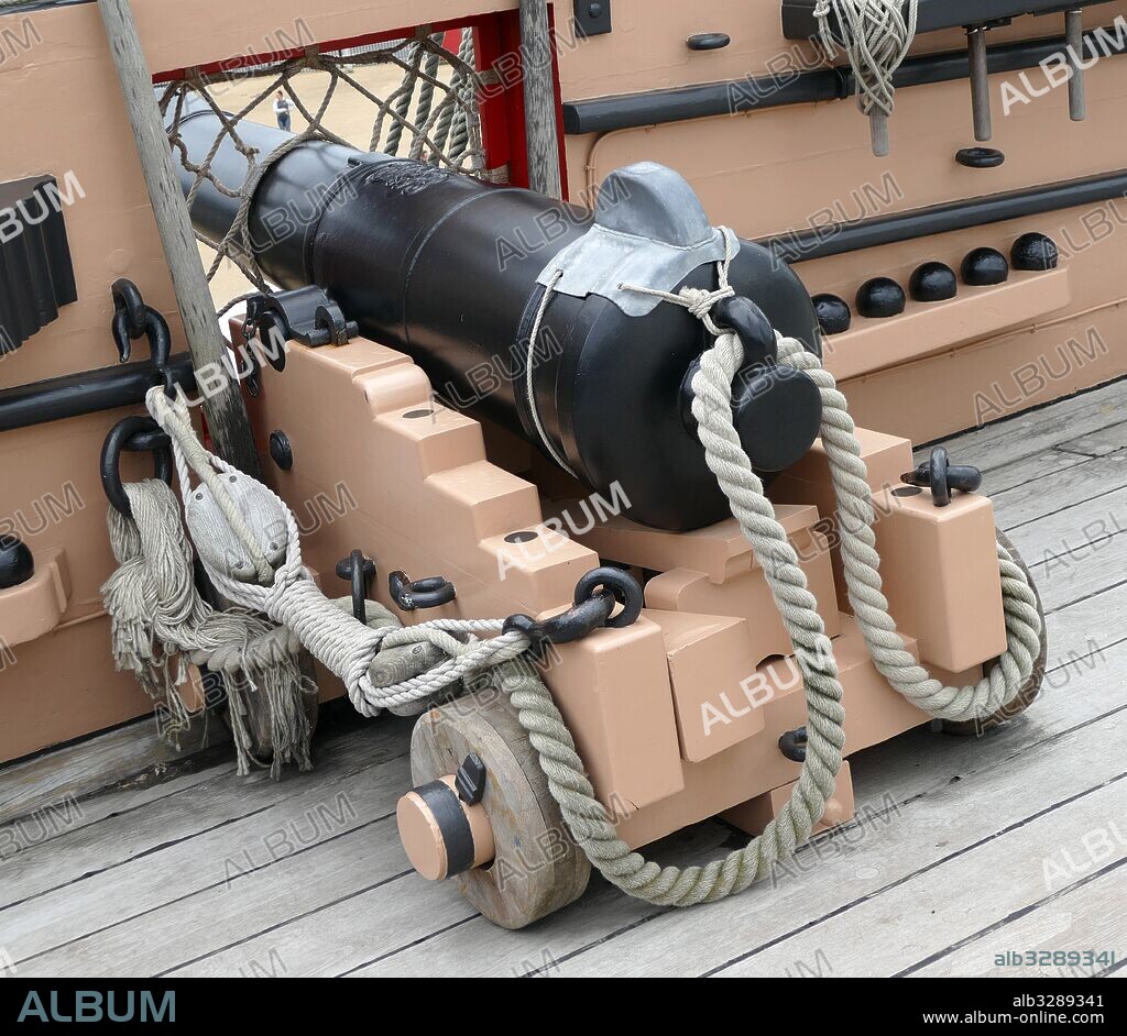Cannon on the deck of HMS Victory is a 104-gun first-rate ship of the line of the Royal Navy, ordered in 1758, laid down in 1759 and launched in 1765. She is best known as Lord Nelson's flagship at the Battle of Trafalgar in 1805.