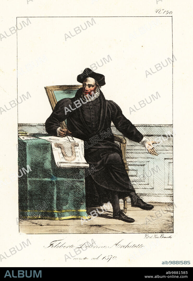 Philibert de l'Orme, 1514-1570, French architect and writer, one of the great masters of French Renaissance architecture. In cap, long black coat, doublet, hose and shoes. Philibert Delorme, Architecte, mort en 1570. Handcoloured lithograph by Lorenzo Bianchi and Domenico Cuciniello after Hippolyte Lecomte from Costumi civili e militari della monarchia francese dal 1200 al 1820, Naples, 1825. Italian edition of Lecomtes Civilian and military costumes of the French monarchy from 1200 to 1820.
