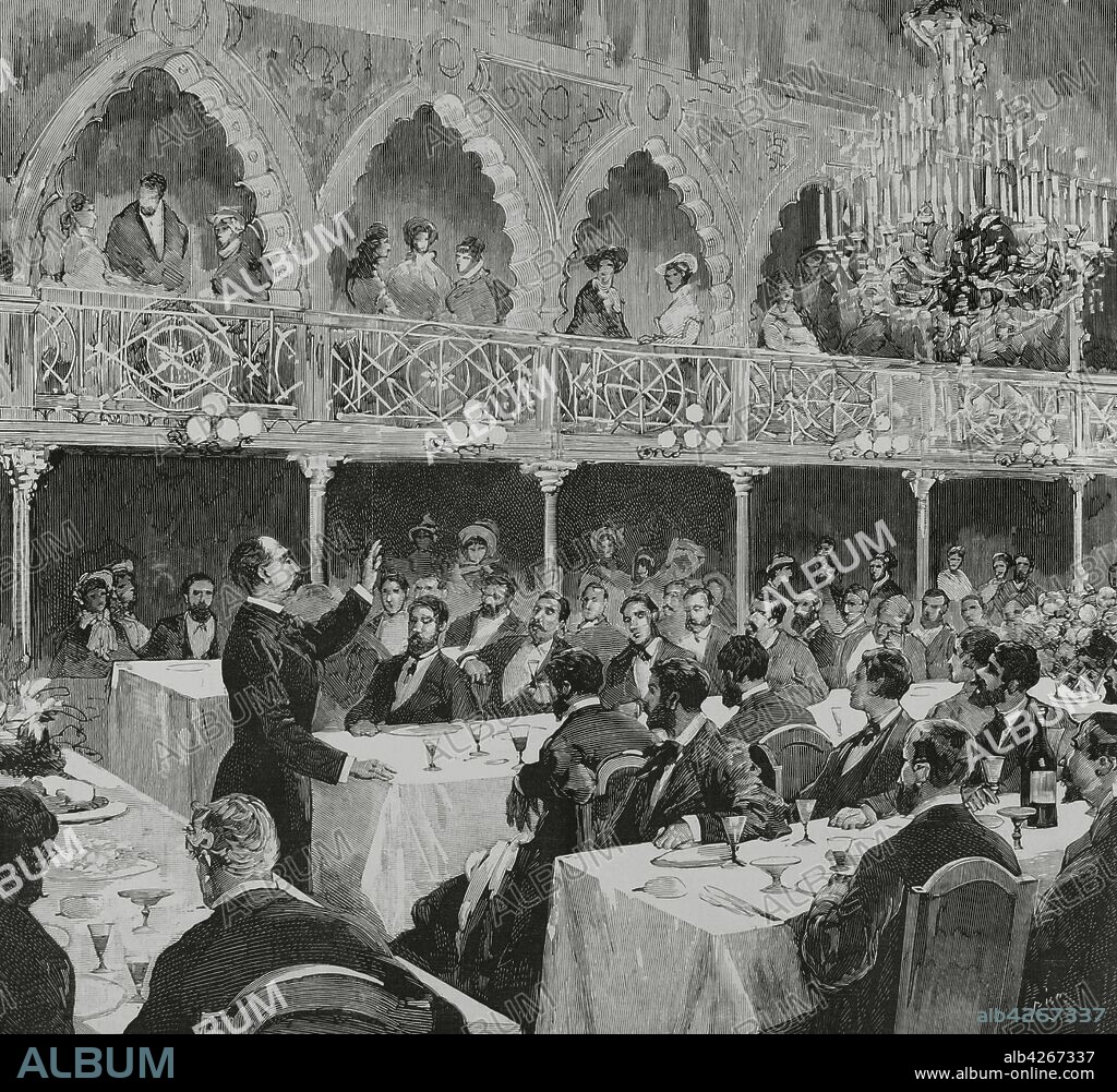 Restauración Borbónica. España. Madrid. Banquete del Partido Democrático-Monárquico en el Teatro de la Alhambra el 14 de noviembre de 1881. Segismundo Moret y Prendergast (1838-1913) dirigiendo la palabra a los asistentes Grabado por Bernardo Rico (1825-1894). La Ilustración Española y Americana,22 de noviembre de 1881.