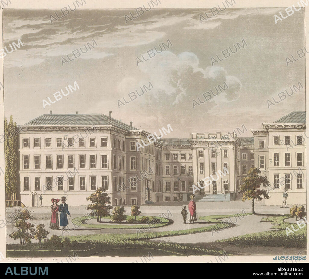 Noordeinde Palace in The Hague, 1810-1825, Le Palais royal à La Haye, vu du jardin, The Royal Palace in The Hague, seen from the garden side (title on object), Noordeinde Palace in The Hague, seen from the garden side ca. 1810-1825. Part of a plate work from c. 1824-1825 with 74 (unnumbered) plates of the most important topographical views and various customs in the United Kingdom of the Netherlands., print maker: A. Lutz (mentioned on object), intermediary draughtsman: Bartholomeus Johannes van Hove (mentioned on object), print maker: Netherlands, publisher: Amsterdam, 1810 - 1825, paper, etching, height 193 mm × width 231 mm.