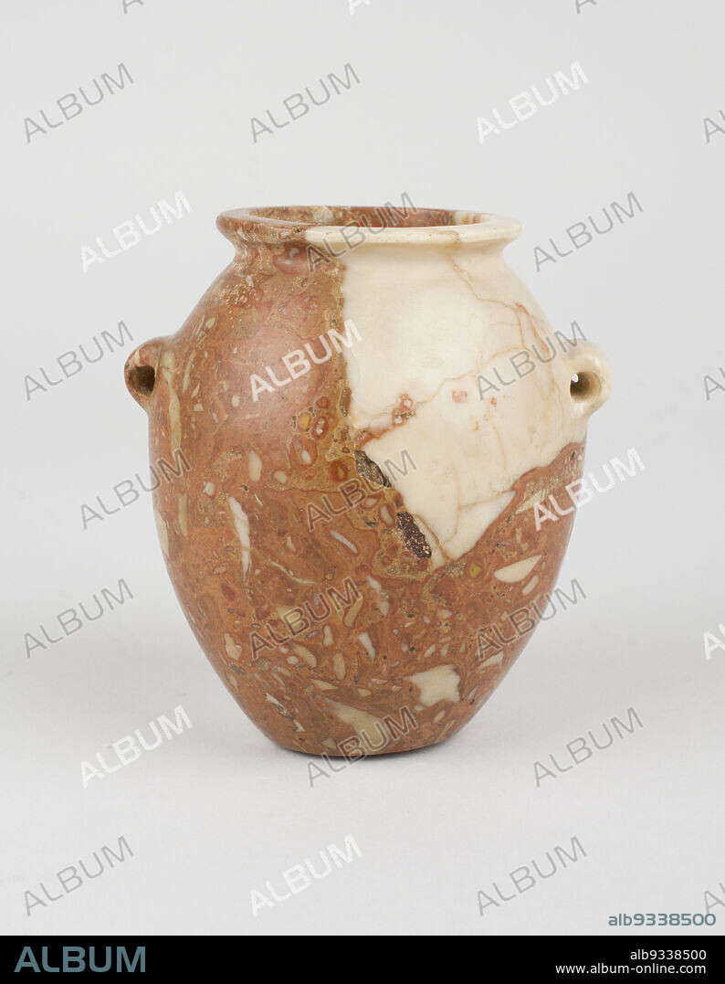 Jar, Egyptian, Dynasty 1, 29602770 BC, Gerzean period (Naqada II), c.35003200 BC, or Early Dynastic period (Egyptian), c.30002686 BC, 35002890 BC, Limestone breccia, Abydos, Sawhaj governorate, Egypt, Africa, Containers, stone & mineral, 3 3/4 x 3 1/4 in. (9.5 x 8.3 cm).