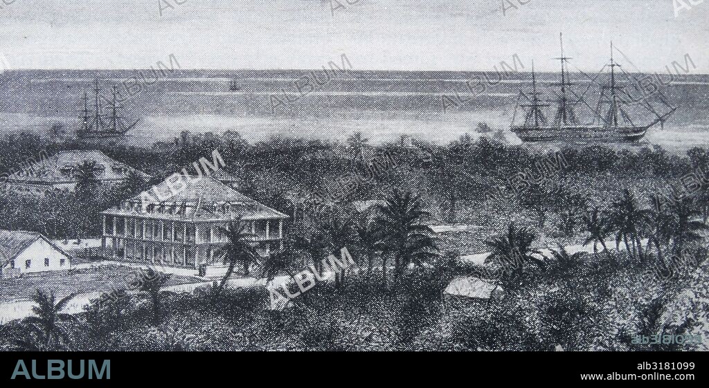 Palace of Queen Pomare IV. At Papeete, the capital of Tahiti in the year 1876. The residence of the French Governor is directly behind the Royal Palace.