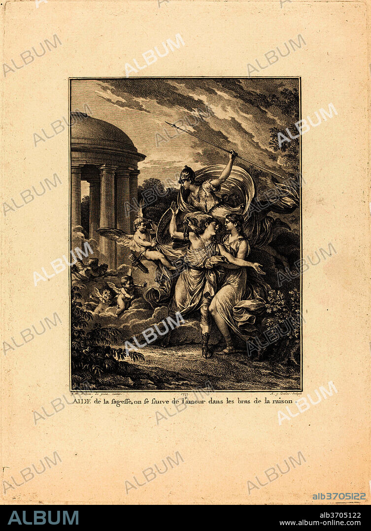 ANTOINE-JEAN DUCLOS AFTER JEAN-MICHEL MOREAU. Frontispiece: Aidé de la sagesse, on se sauve de l'amour dans les bras de la raison. Dated: 1777. Medium: etching and engraving.