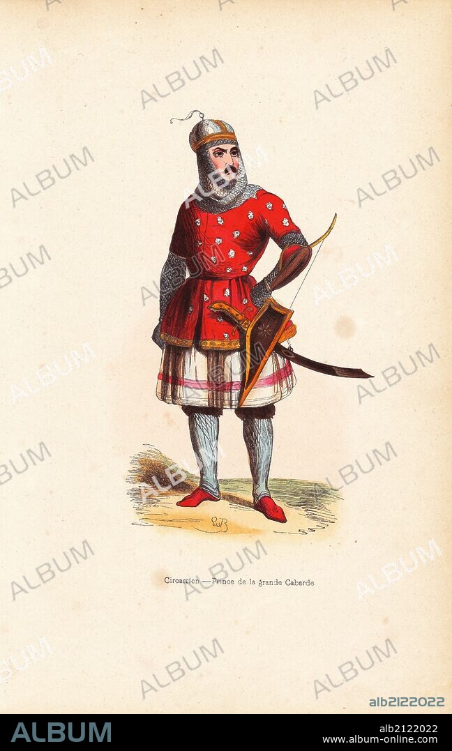 Kabard prince, Circassian people, wearing helmet, chain-mail tunic, tabard, skirt, and trousers, carrying a bow in a case and a scimitar. Handcoloured woodcut after an illustration by S.B. from Auguste Wahlen's "Moeurs, Usages et Costumes de tous les Peuples du Monde," Librairie Historique-Artistique, Brussels, 1845. Wahlen was the pseudonym of Jean-Francois-Nicolas Loumyer (1801-1875), a writer and archivist with the Heraldic Department of Belgium.
